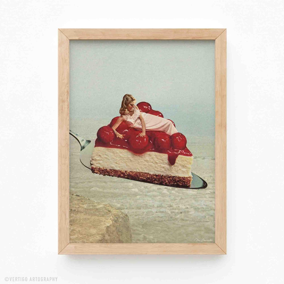 Surreal Cherry Cheesecake Art Print Vintage Kitchen Wall Decor