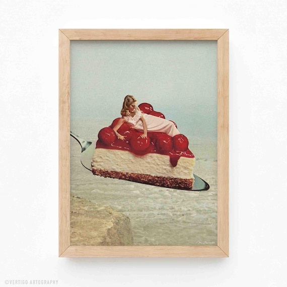 Giant Cherry Cheesecake Slice Surreal Vintage Collage Poster