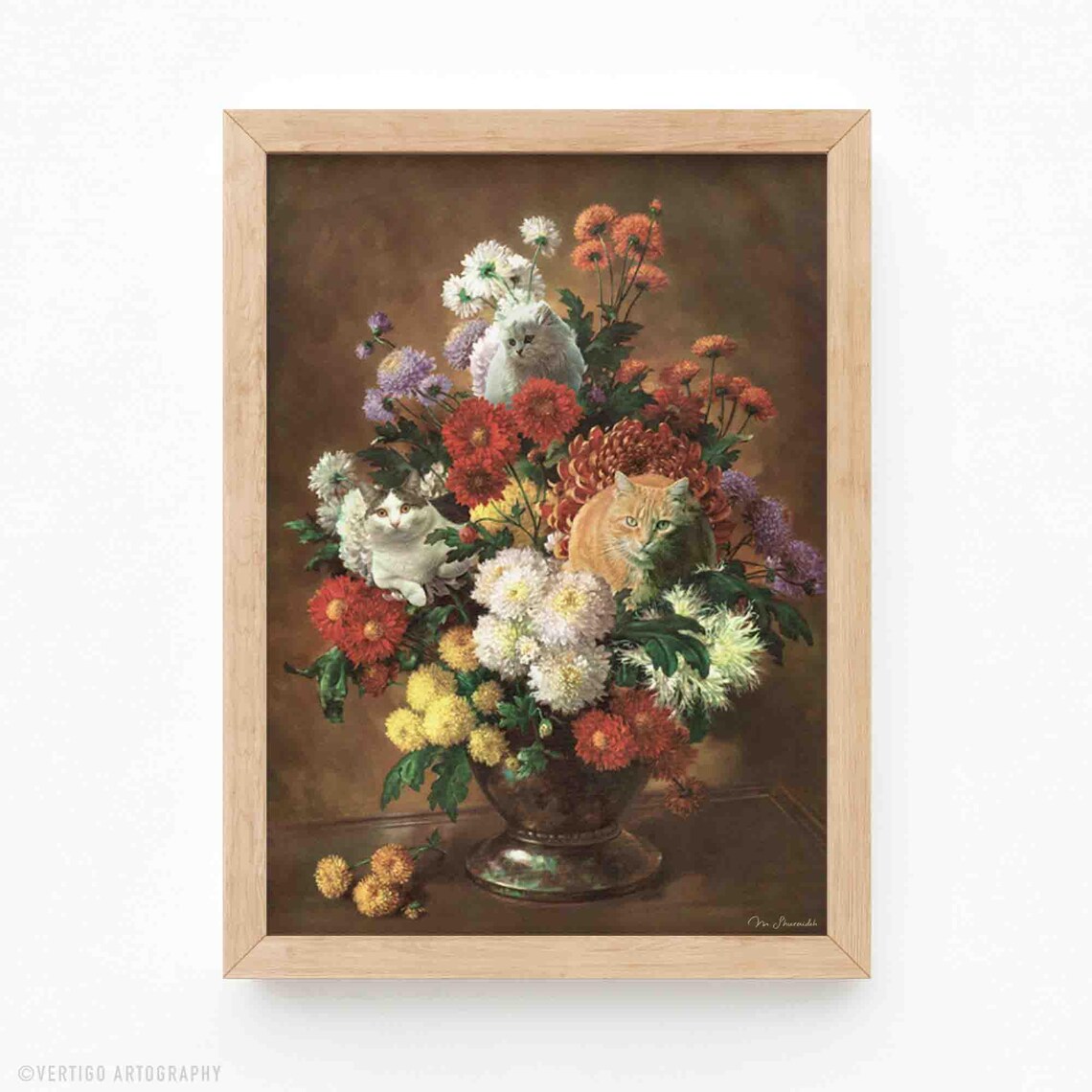 Botanical Cat Art Print, Surreal Retro Bouquet