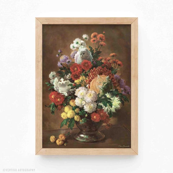 Botanical Cat Art Print, Surreal Retro Bouquet