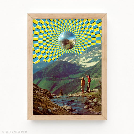 Retro Disco Ball Art Print 70s Surreal Mountain Scene