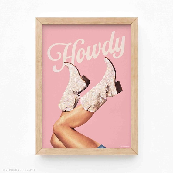 Glitter Cowgirl Boots Art Print, Pink Rodeo Decor