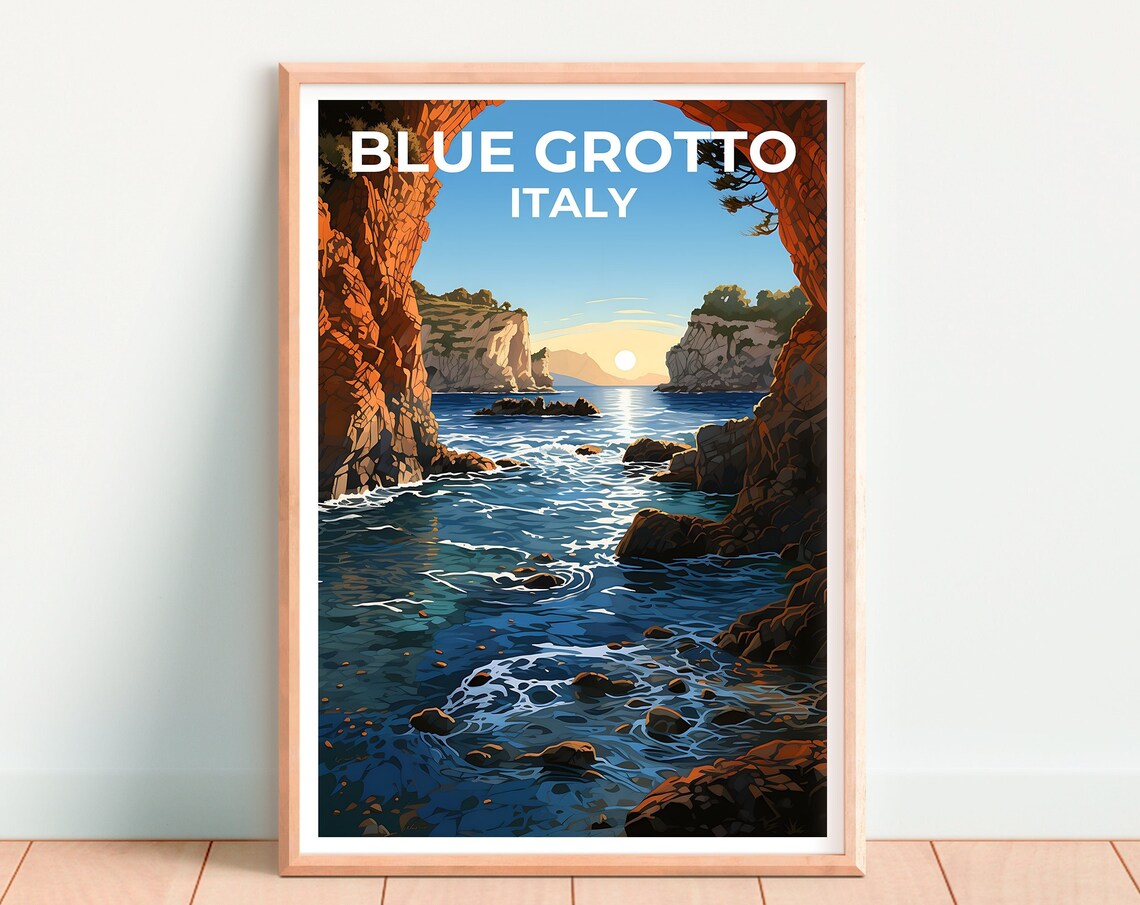 Blue Grotto Italy Capri Sea Cave Cliffs Sunset Waves Travel Poster - Image 4
