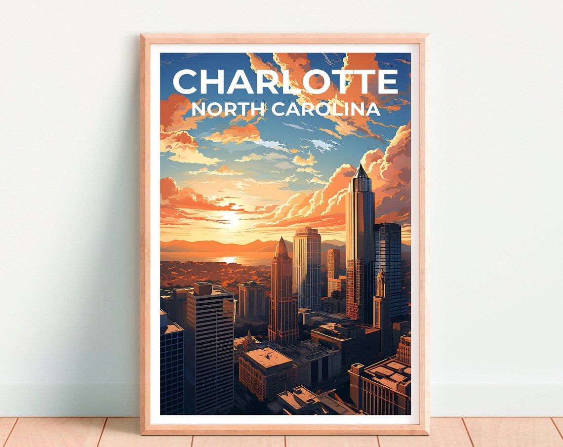 Charlotte North Carolina Skyline Sunset Skyscrapers City Travel Poster - Image 4