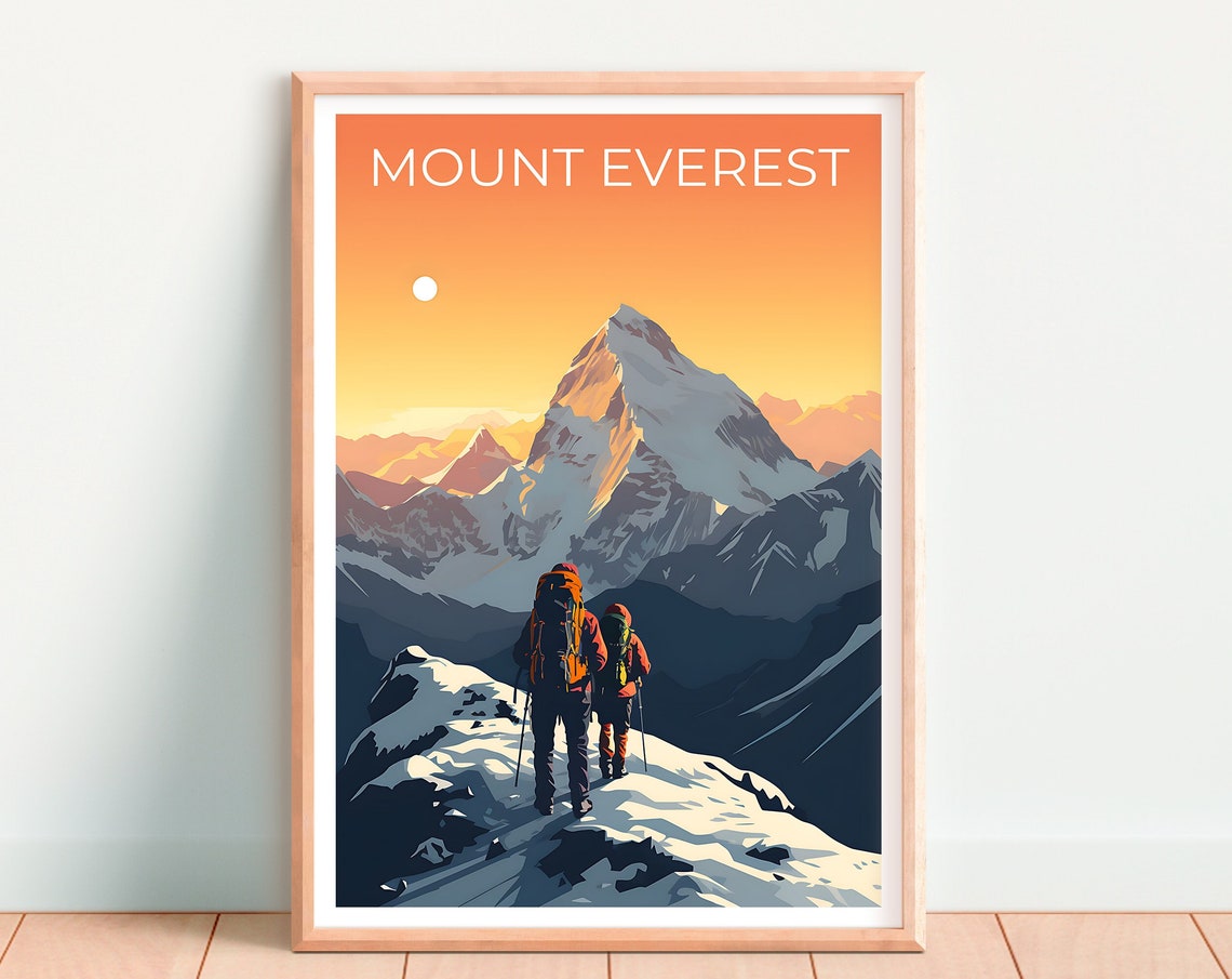 Mount Everest Snowy Summit Climbers Himalayan Sunset Adventure Poster