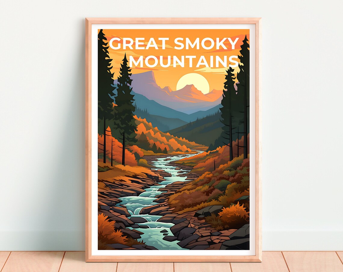 Great Smoky Mountains Autumn River Sunrise Forest Valley Poster - Image 4