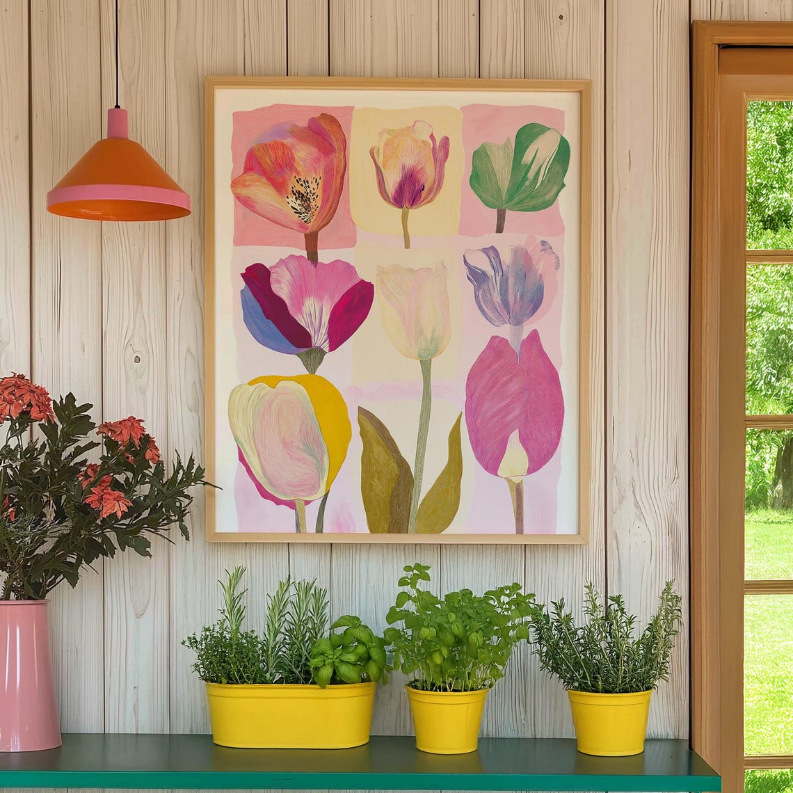 Tulip Art Modern Pastel Botanical Grid Flower Illustration Poster
