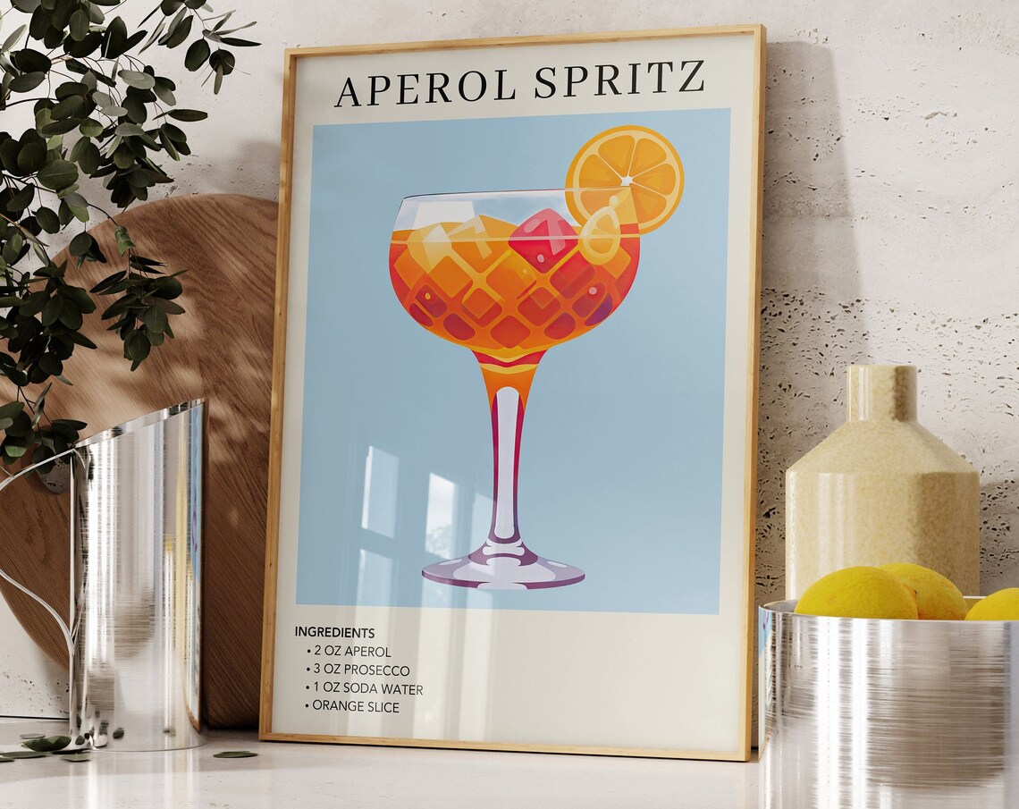 Aperol Spritz Vintage Cocktail Art Poster With Full Recipe Details