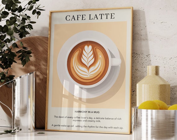 Cafe Latte Print Coffee Art Poster Gift For Her Caffine Sign Watercolor Retro Drink Kitchen Decor Italian