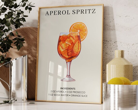 Aperol Spritz Ingredients Recipe Cocktail Illustration Kitchen Bar Decor Poster