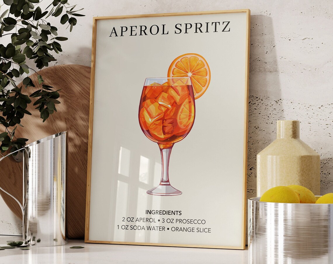 Aperol Spritz Ingredients Recipe Cocktail Illustration Kitchen Bar Decor Poster