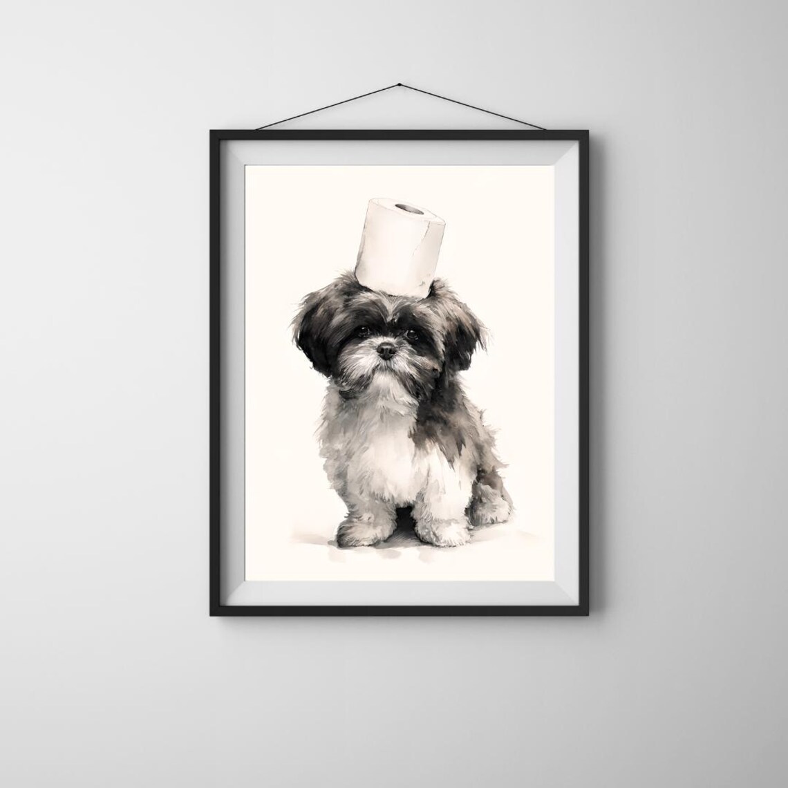 Funny Shih Tzu Puppy With Toilet Paper Roll Watercolor Dog Poster