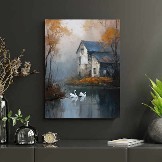 Fantasy Autumn Swans Misty Lake Cottage Oil Painting Art Poster