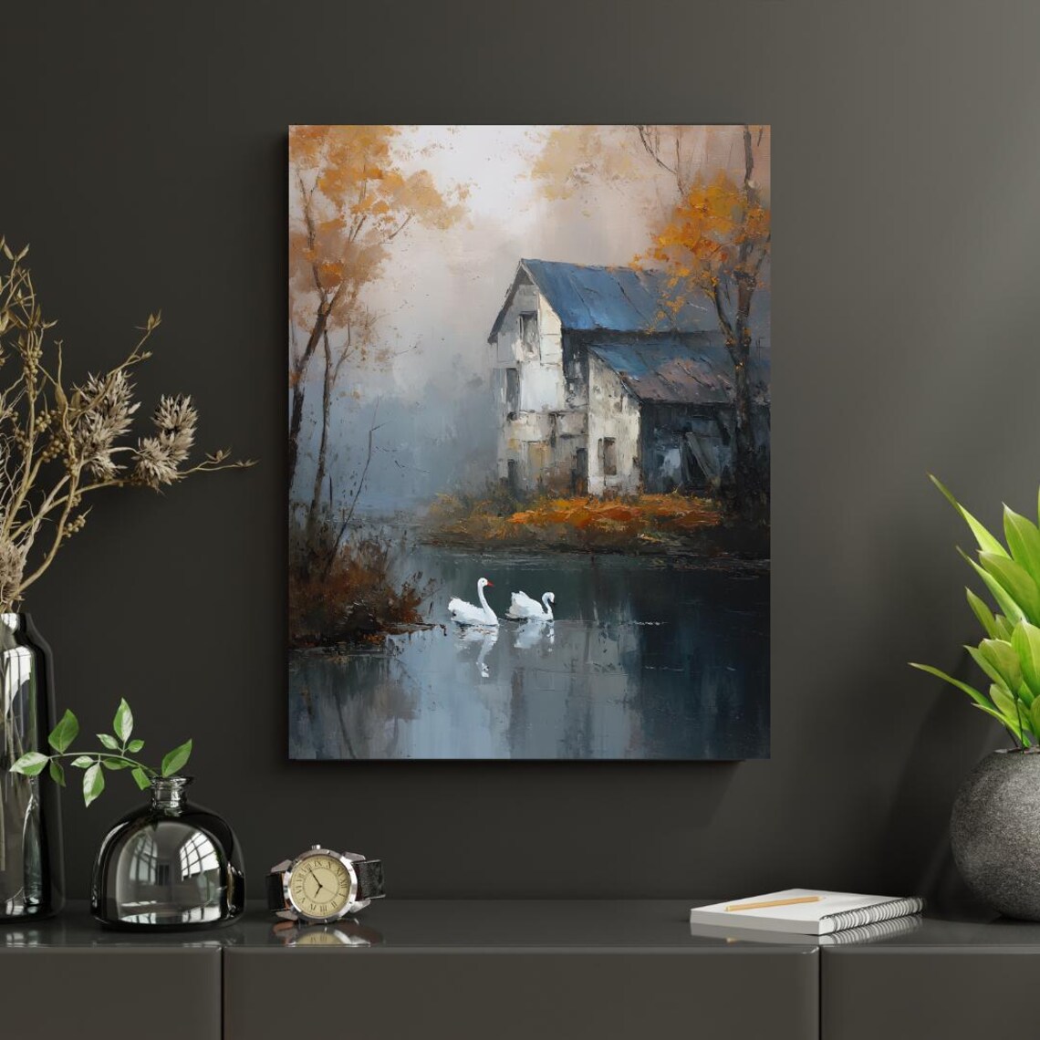 Fantasy Autumn Swans Misty Lake Cottage Oil Painting Art Poster