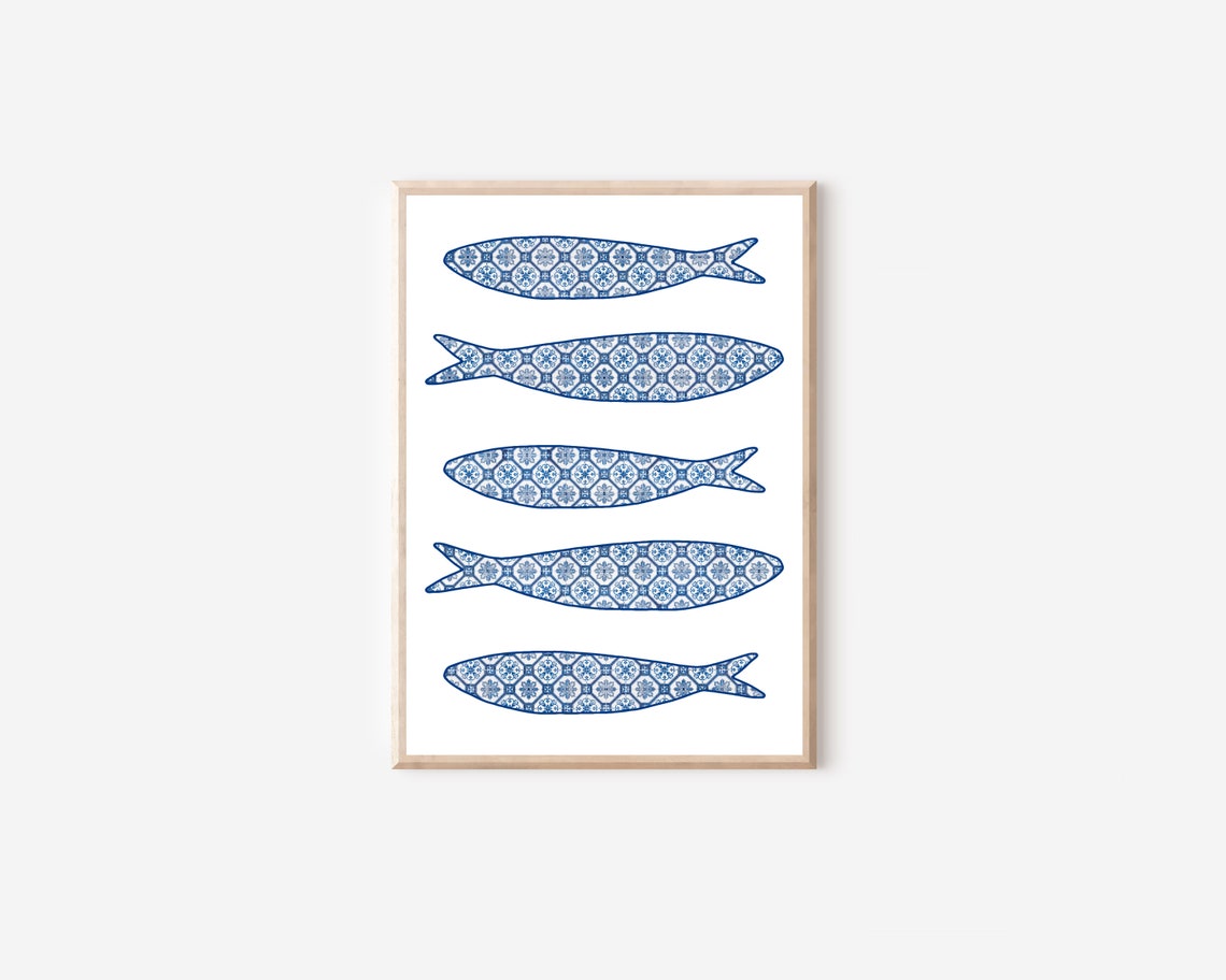 Boho Blue Azulejo Sardine Tile Art Print, Portugal - Image 4