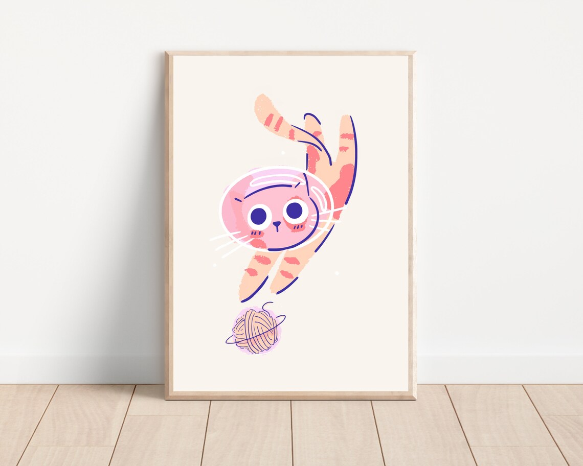 Cute Astronaut Cat In Space Nursery Art Print
