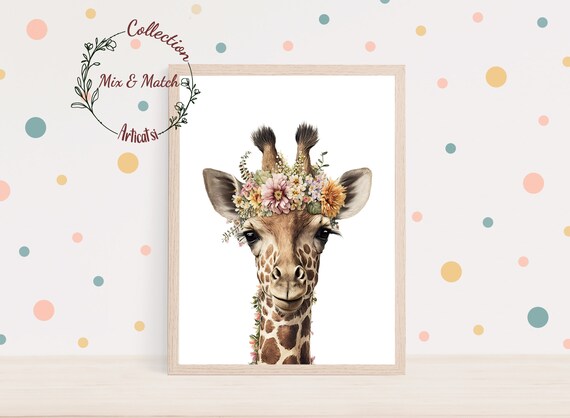 Boho Baby Giraffe Wearing Flower Crown Portrait Nursery Wall Art