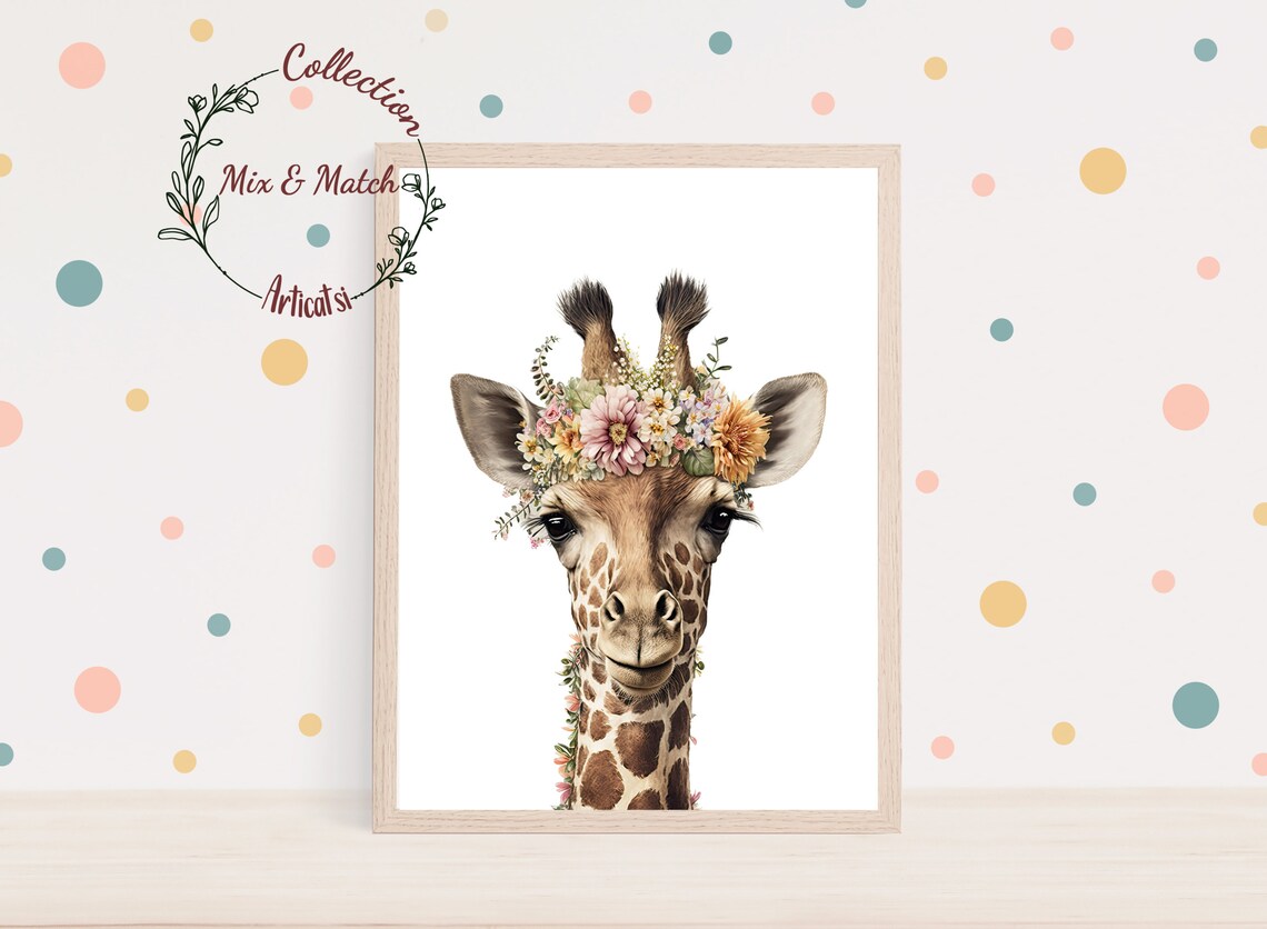 Boho Baby Giraffe Wearing Flower Crown Portrait Nursery Wall Art