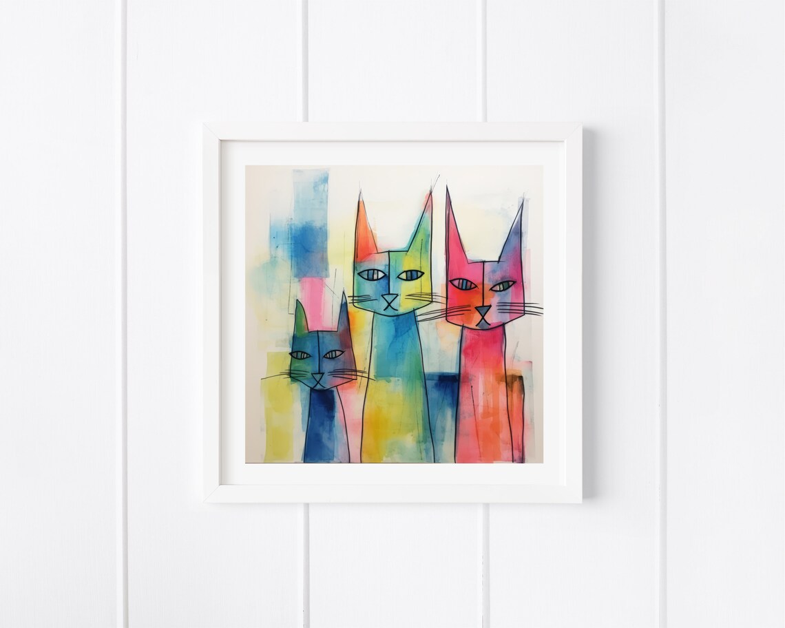 Three Colorful Stylized Watercolor Cats Abstract Feline Poster - Image 3