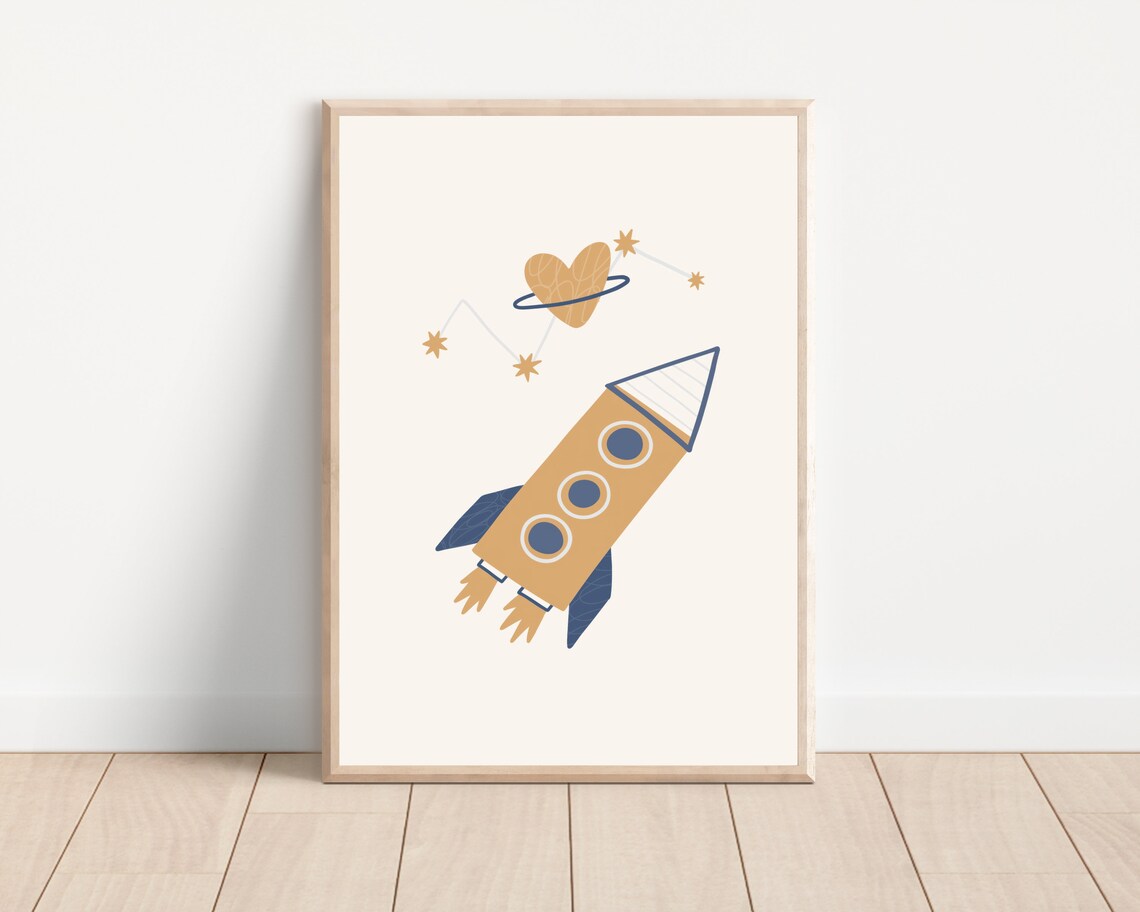 Boho Outer Space Rocket Ship And Planet Art Print