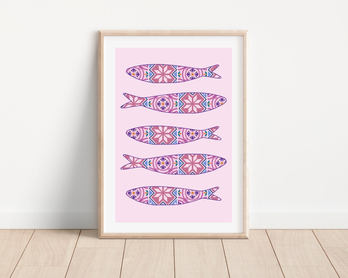 Boho Portuguese Sardine Tile, Mediterranean Art Print