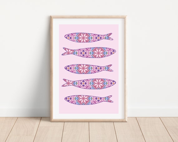 Boho Portuguese Sardine Tile, Mediterranean Art Print