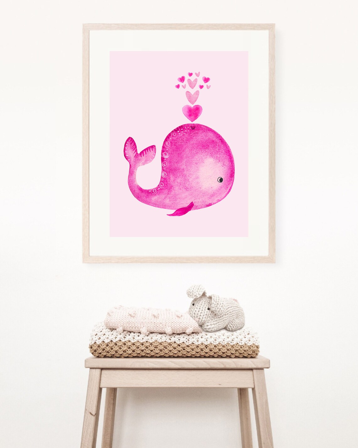Boho Watercolor Pink Nursery Whale Wall Art Print - Image 2