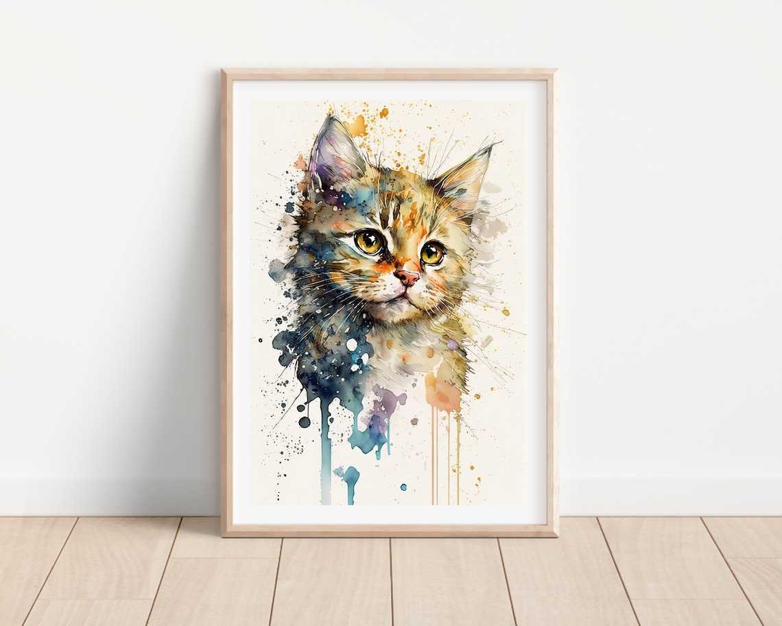 Watercolor Kitten Portrait Colorful Paint Splash Cat Nursery Wall Art