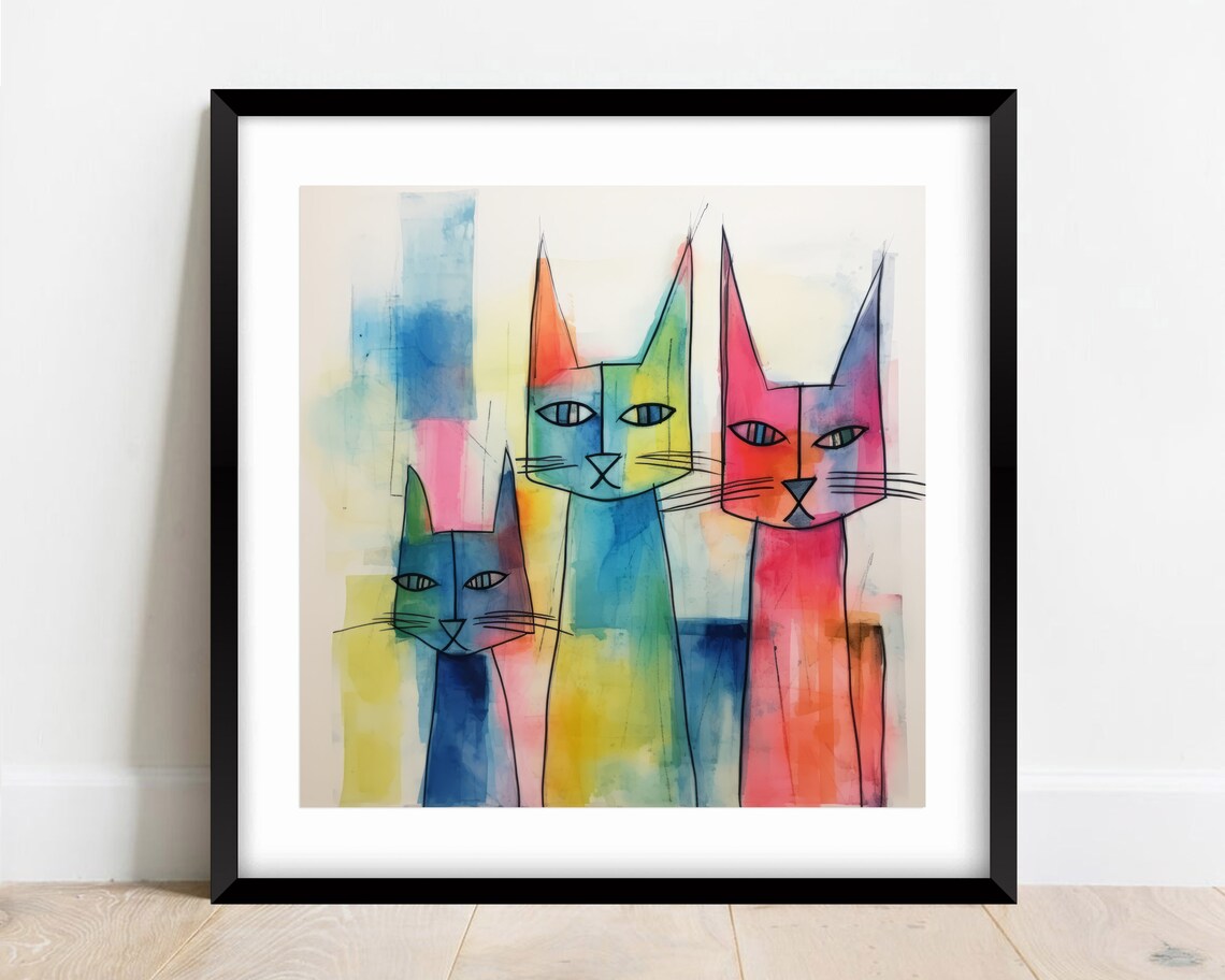 Three Colorful Stylized Watercolor Cats Abstract Feline Poster - Image 5