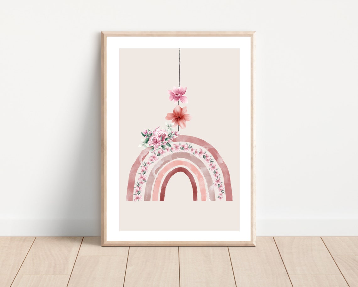 Boho Rainbow With Flowers, Nordic Nursery Art Print