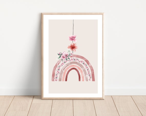 Boho Rainbow With Flowers, Nordic Nursery Art Print