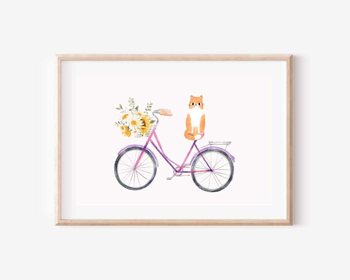 Watercolor Cat on Bicycle, Boho Floral Art Print - Image 4