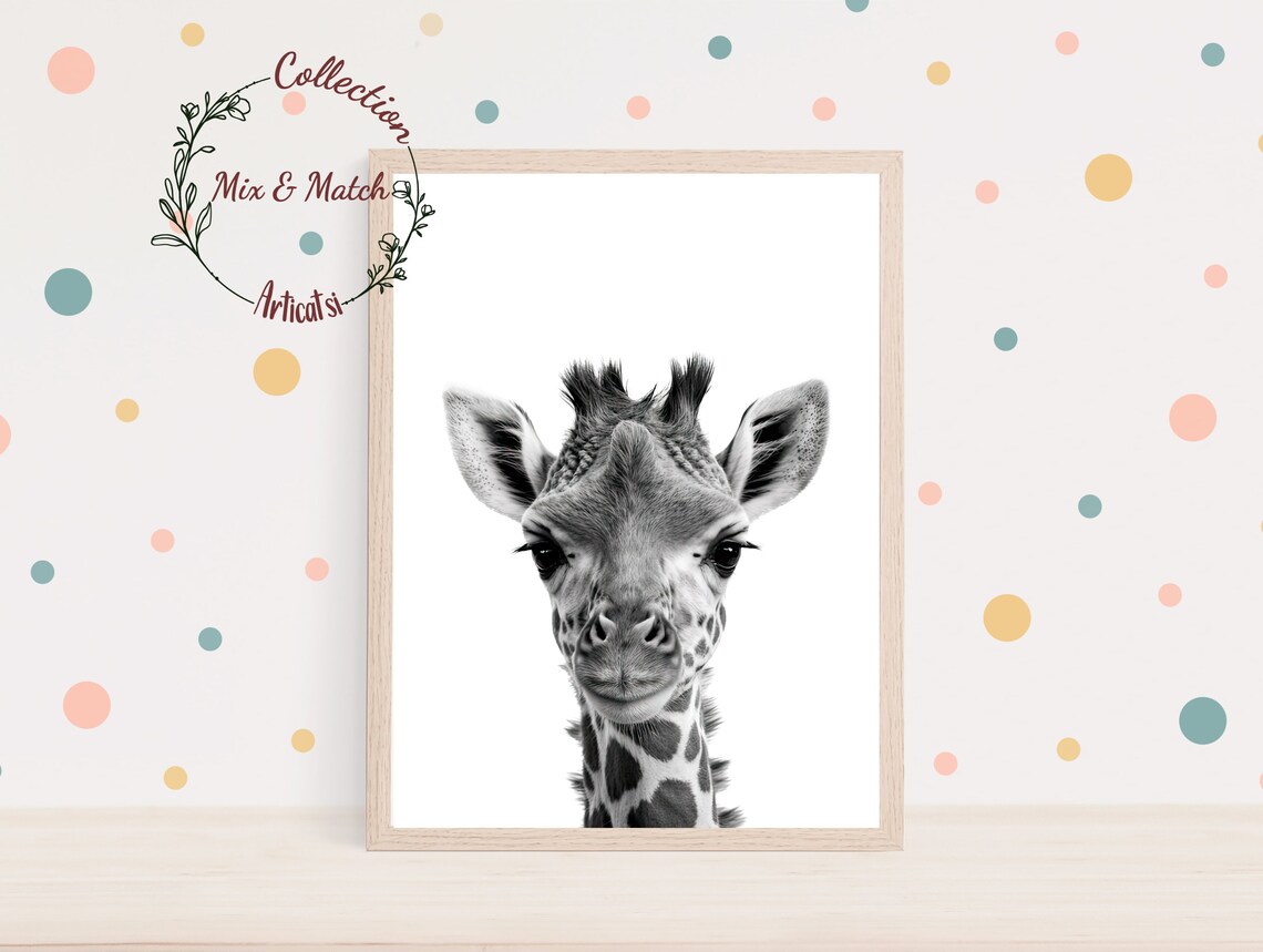 Black And White Baby Giraffe Front Facing Portrait Nursery Wall Art