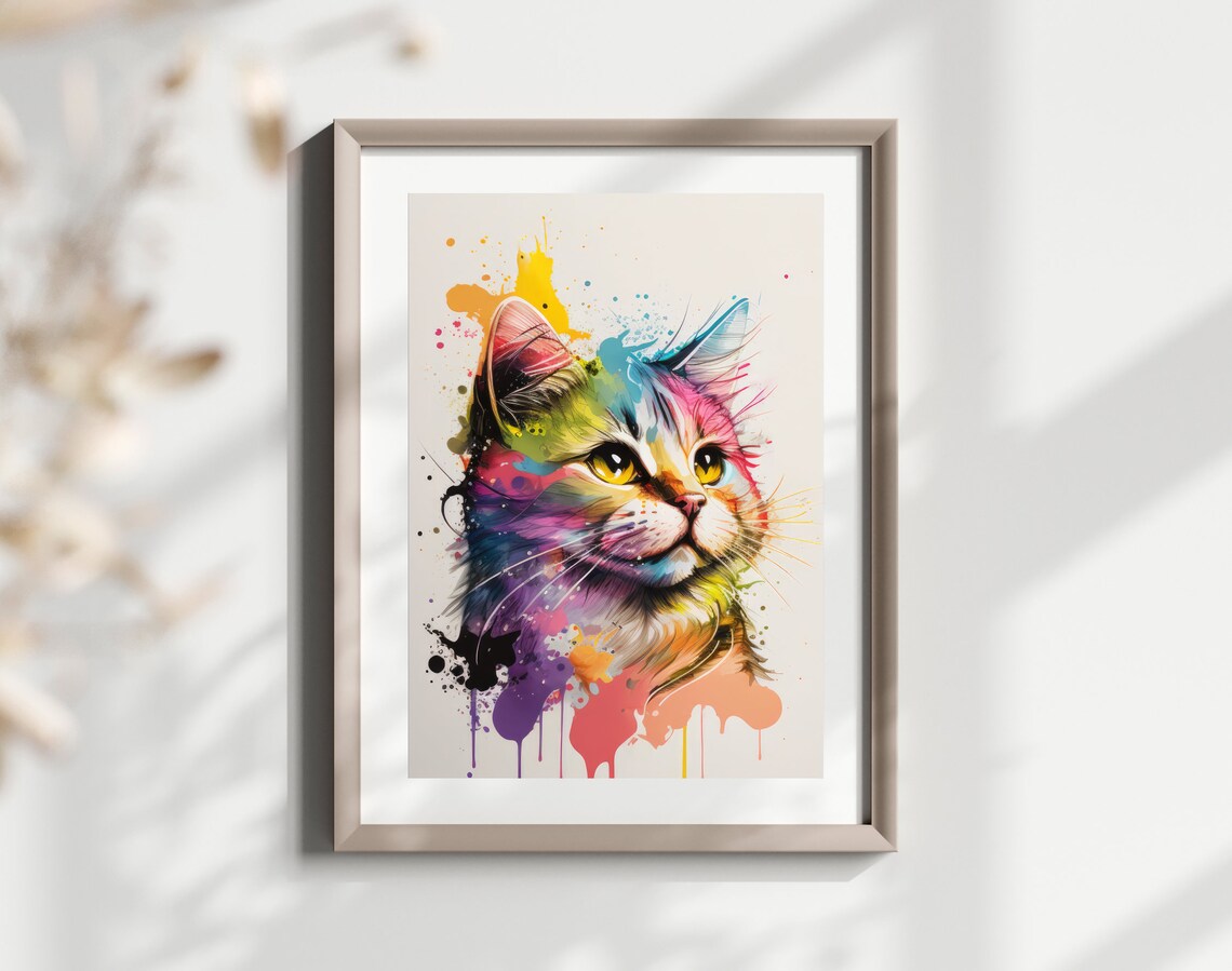 Rainbow Splash Watercolor Cat Portrait Colorful Modern Pet Decor Print - Image 2