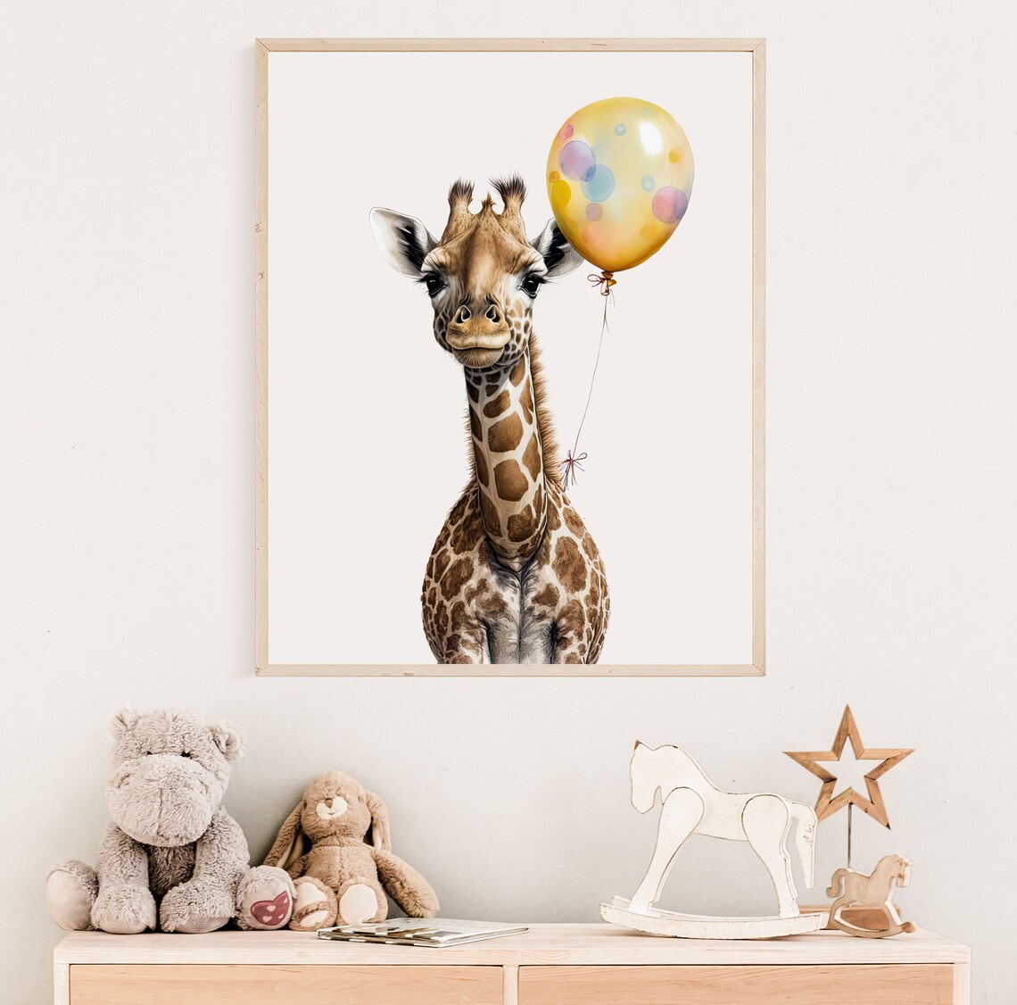 Baby Giraffe Holding Colorful Balloon Nursery Watercolor Safari Wall Art - Image 3