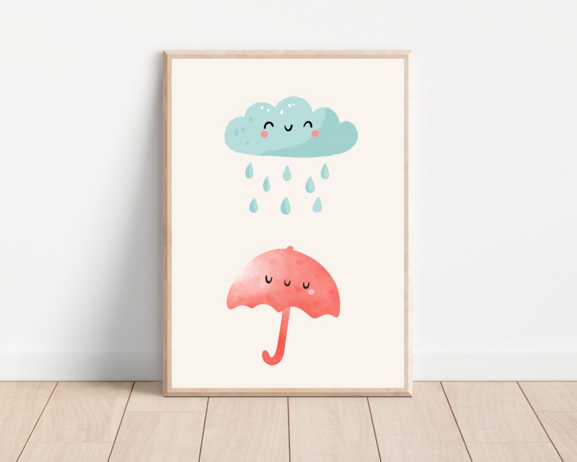 Cute Rainy Cloud And Umbrella Nursery Decor, Art Print