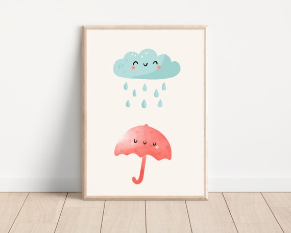 Cute Rainy Cloud And Umbrella Nursery Decor, Art Print