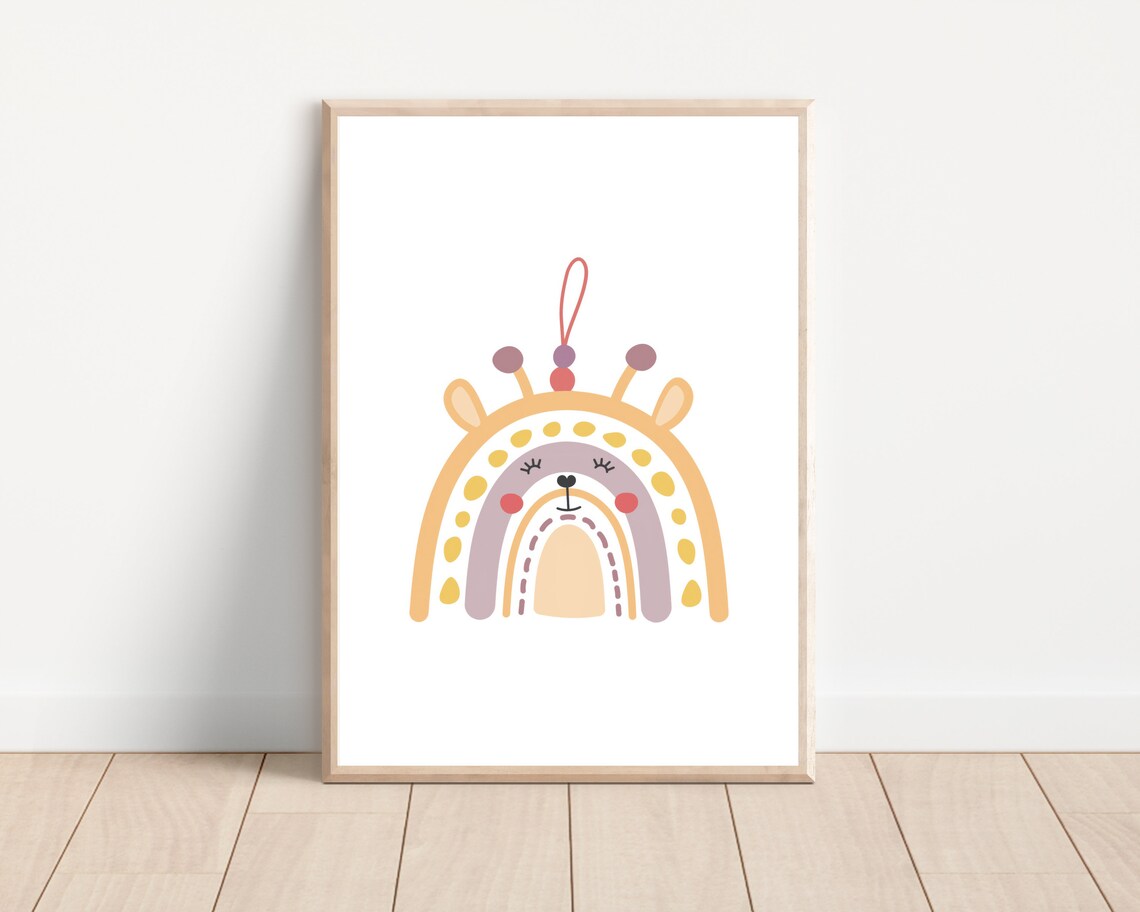 Boho Rainbow and Giraffe Nursery Wall Art Print