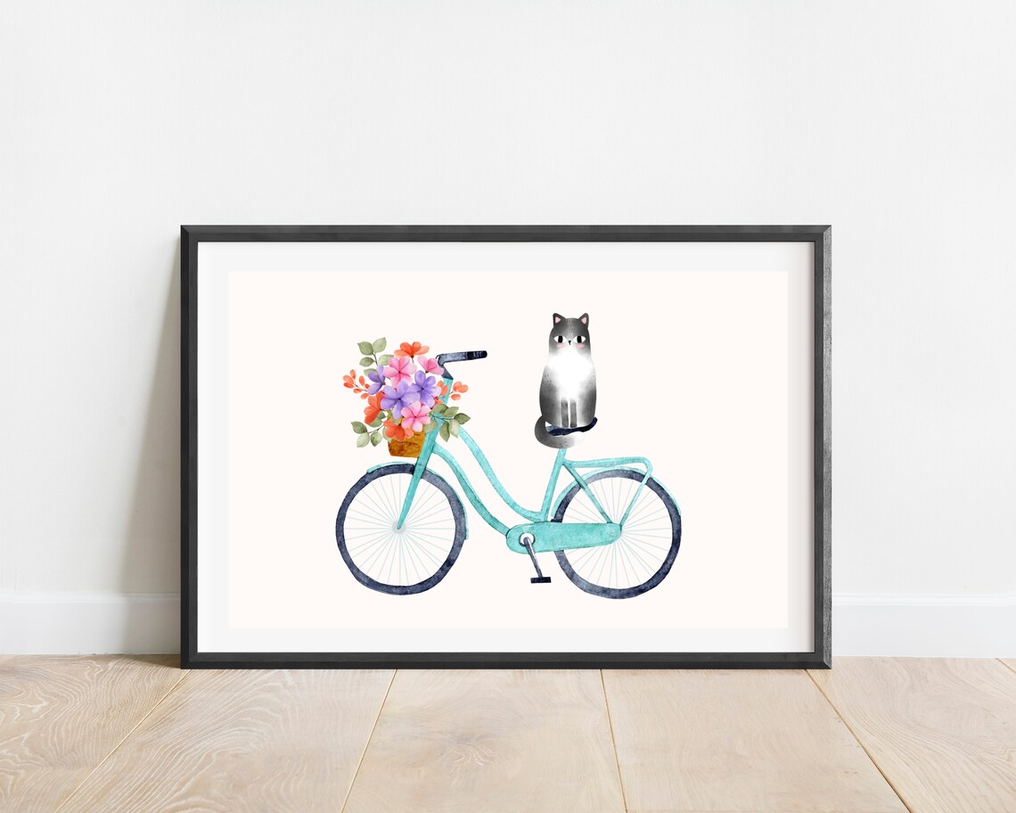 Boho Cat On Bike, Floral Watercolor Art Print - Image 5