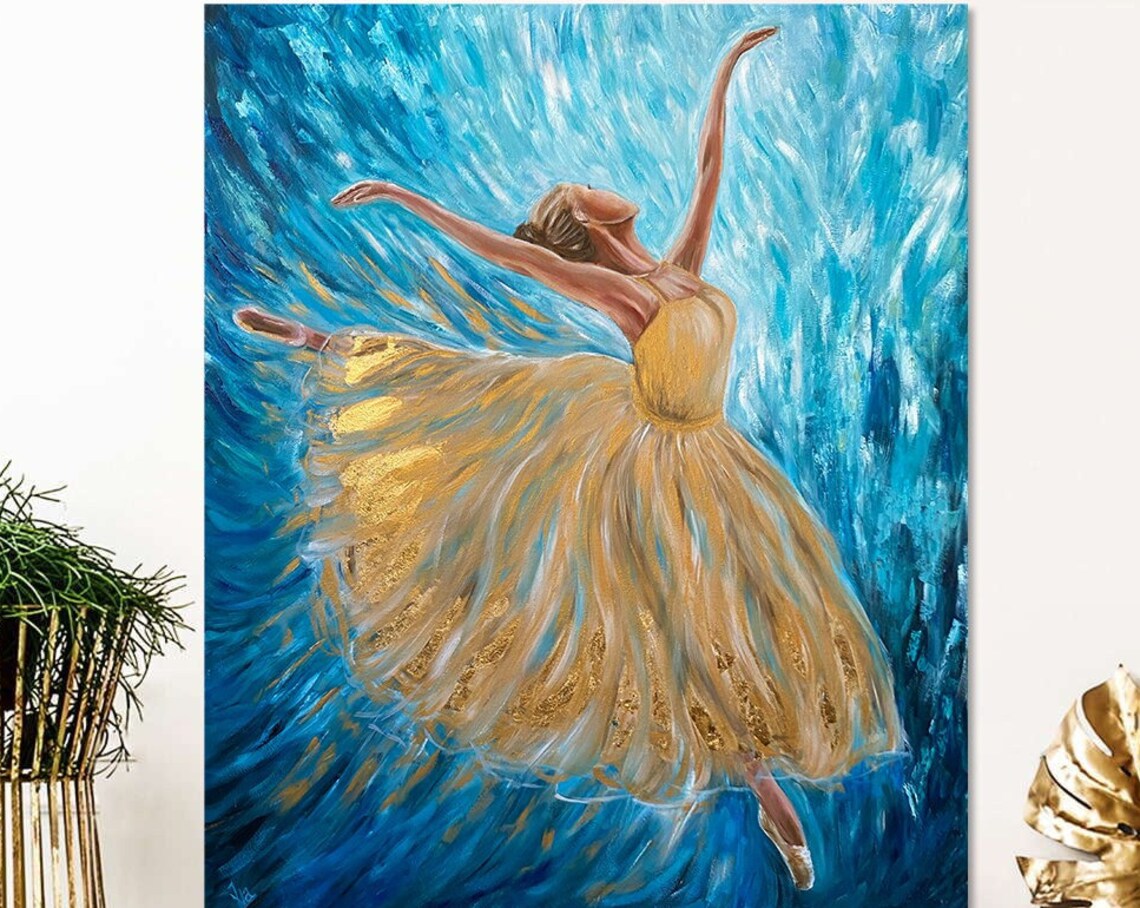 Abstract Ballerina Oil Painting Original Ballerina Room Decor Blue Gold Ballet Artwork Dancing Wall Art Modern Ballerina Painting On - Image 3