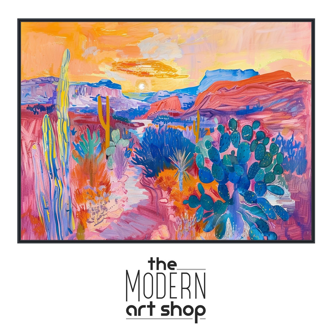 Impressionist Desert Sunset Painting Teal Cactus Red Mesas Wall Poster - Image 4