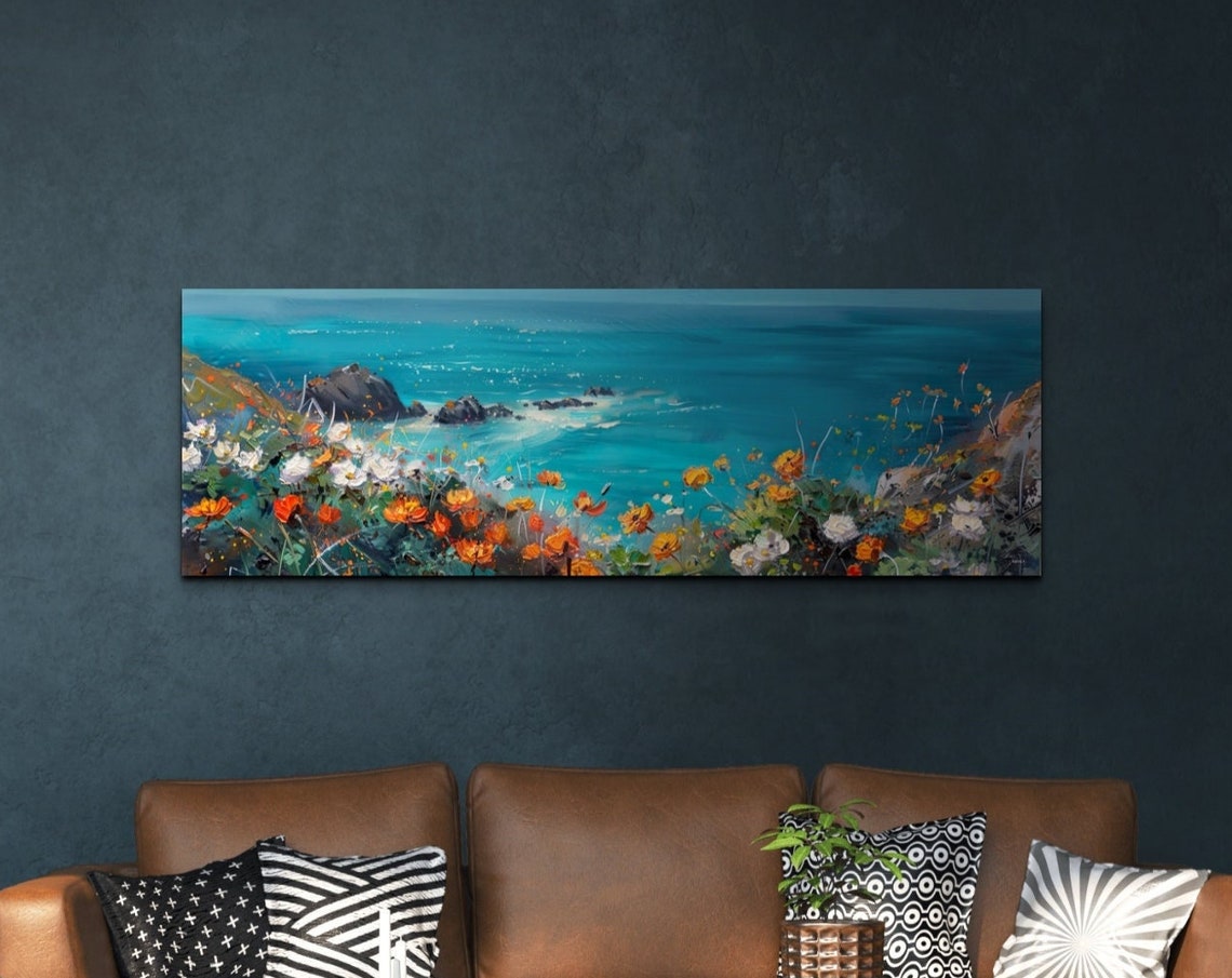 Coastal Poppy Flowers Over Turquoise Ocean Panoramic Art Poster