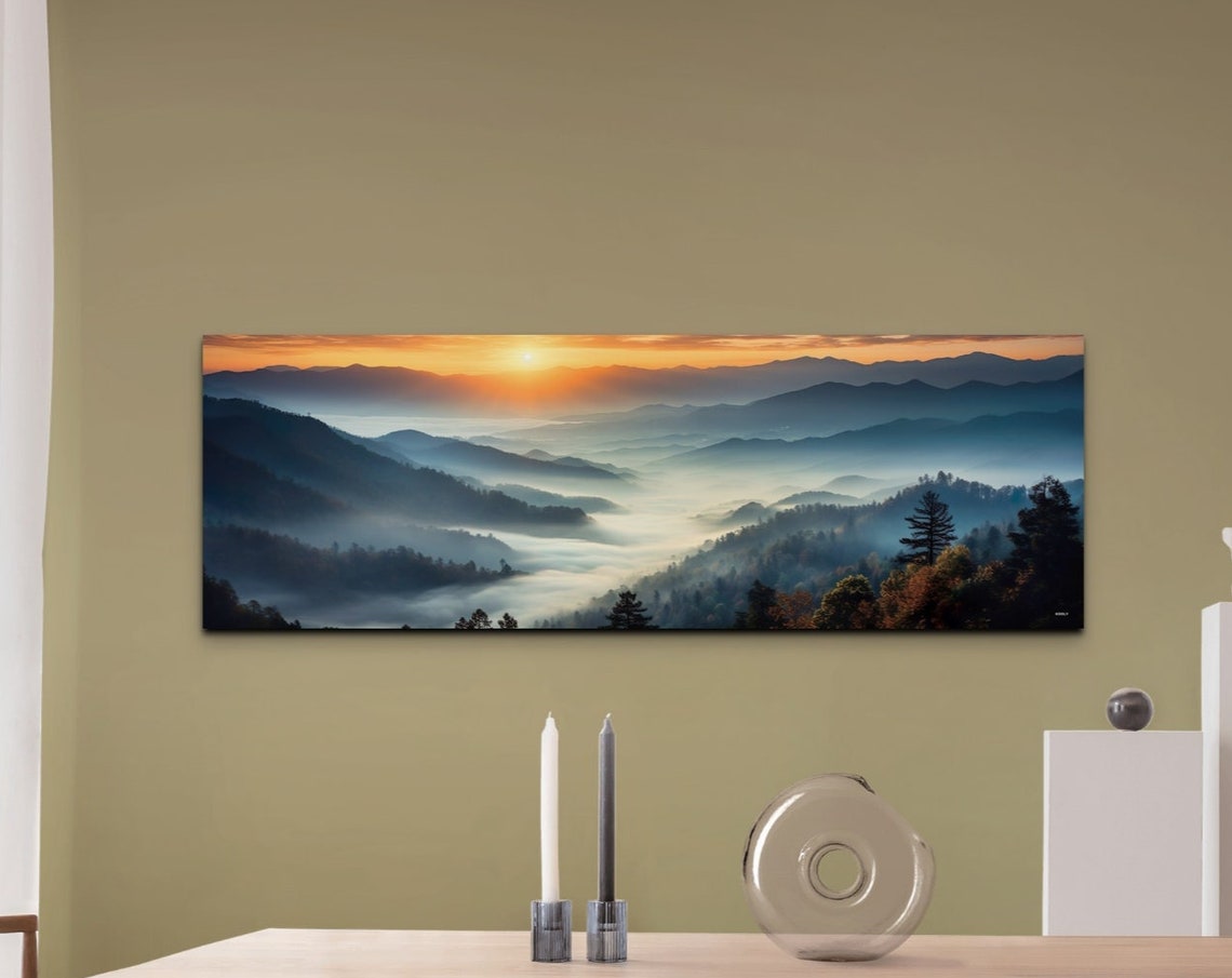 Misty Mountain Sunrise Over Layers of Blue Smoky Hills Poster