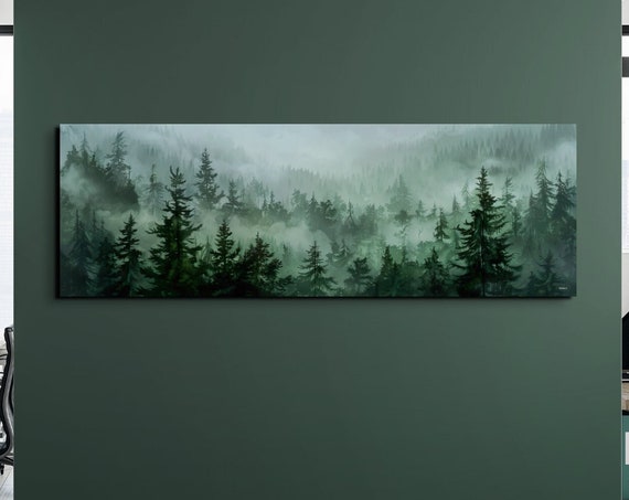 Foggy Misty Forest Wall Art Print Panoramic Wall Decor Livingroom Ready To Hang Nature Decor Misty Forest Foggy Haze Smoky