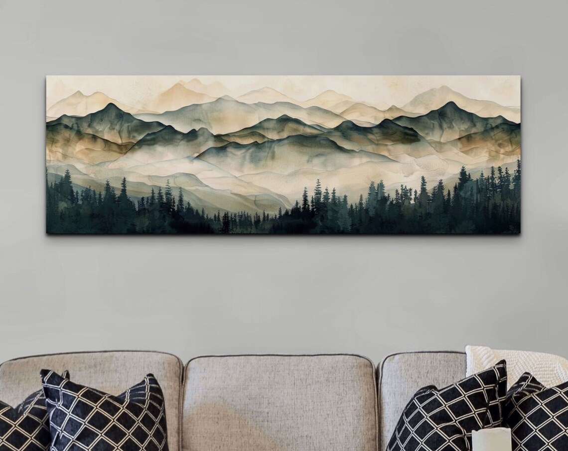 Geometric Smokey Tree-Lined Mountain Range Art Print