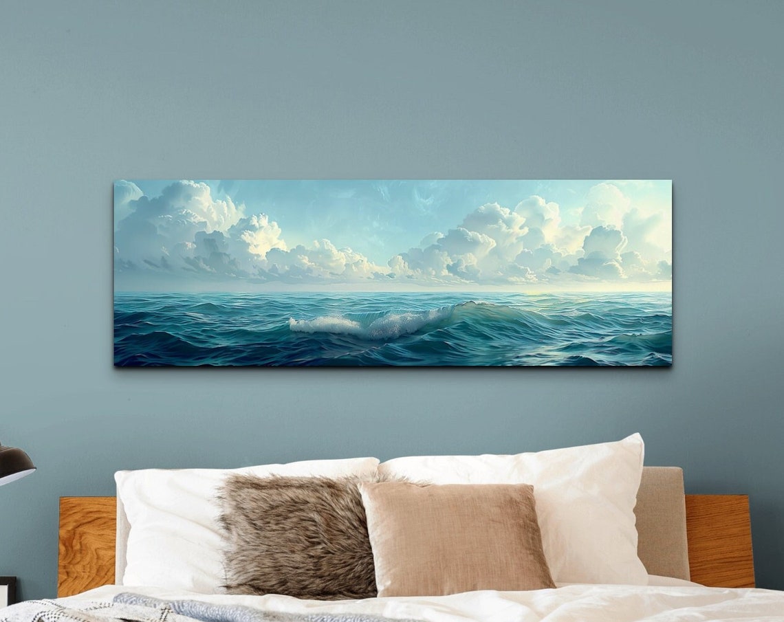 Deep Blue Ocean Wave With Dramatic Cloudy Sky Seascape Art Poster