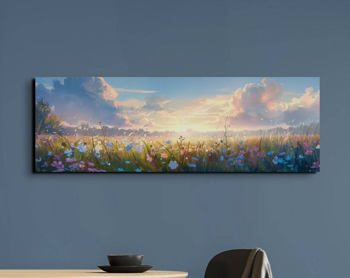 Wildflower Meadow at Golden Sunset Pastel Sky Panoramic Poster