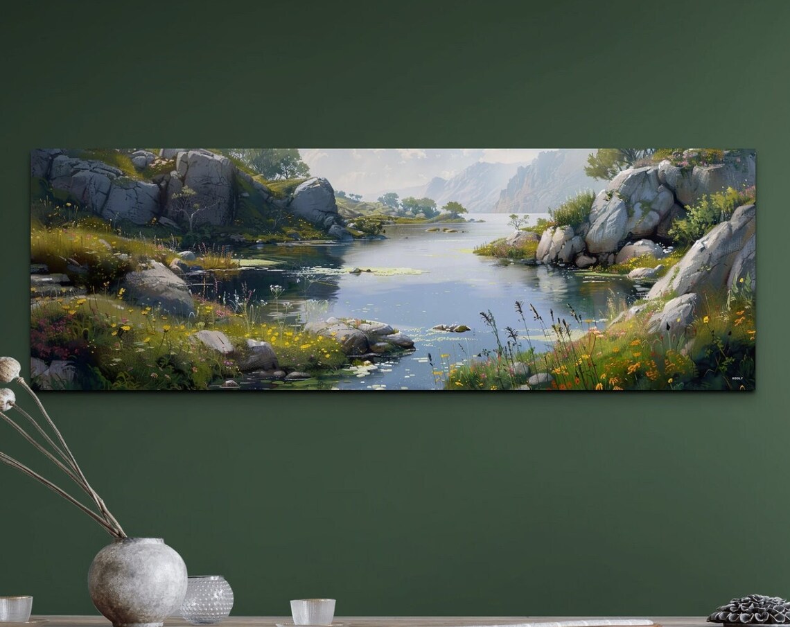 Panoramic River Field Landscape, Botanical Wall Art