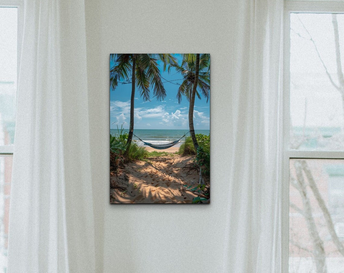 Tropical Beach Hammock Between Palm Trees Sunny Ocean View Poster