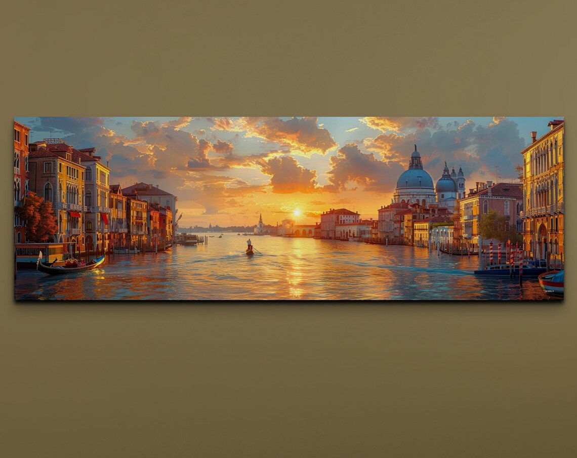 Venice Canal Golden Sunset Gondola Watercolor Romantic Art Poster